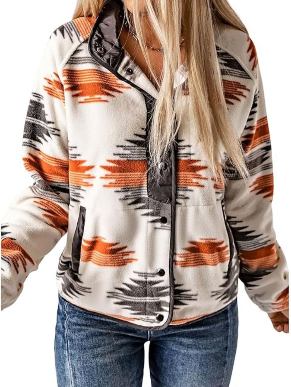 New - Womens Fleece Jacket Western Aztec Print Long Sleeve Snap Button Down